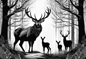 a large majestic male with large antlers, a graceful female and a small fawn. In the background, majestic trees, such as spruce and birch, tattoo idea