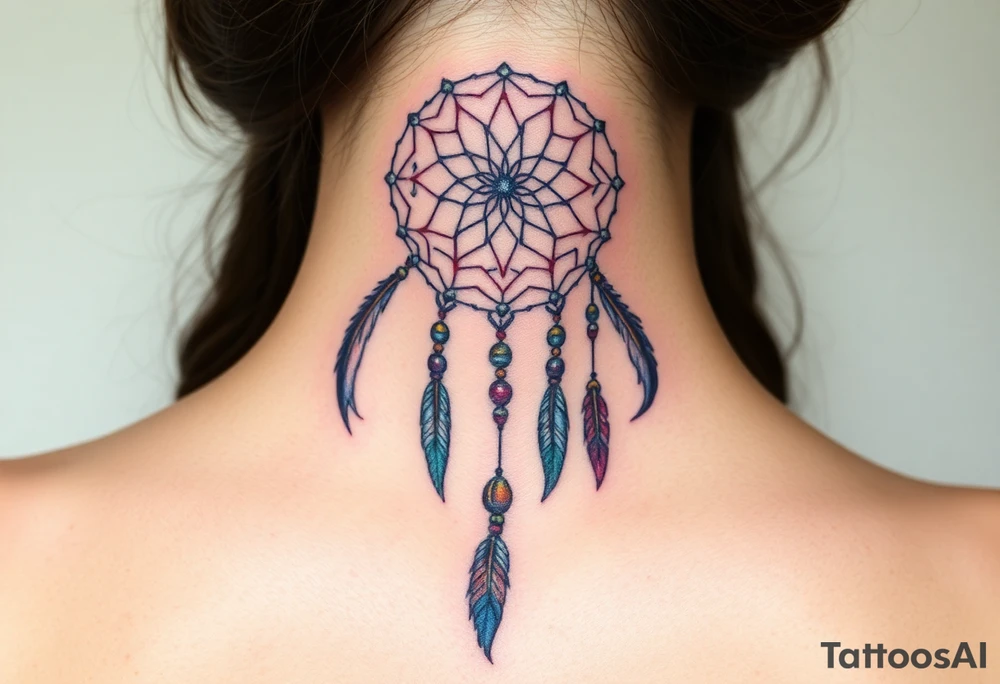 native dreamcatcher with flowing feathers and sacred beads tattoo idea