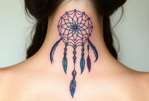native dreamcatcher with flowing feathers and sacred beads tattoo idea