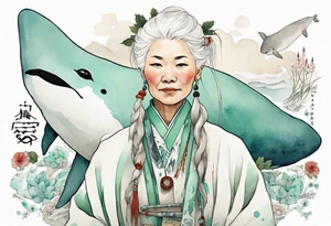 a 45-year-old Sami woman with white  hair wearing a white and mint cloak next to a narwhal tattoo idea