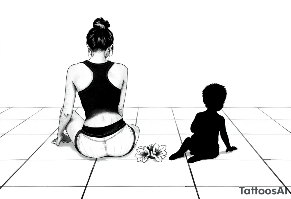 a tile floor with a minimalist realistic silhouette of the back of a thin woman sitting curled on the tile floor and a black silhouette of a young child sitting next to her with a lily next to them on the floor. The woman is wearing a Racerback tank top, running shorts, has dark hair pulled up high, and her head is down. tattoo idea