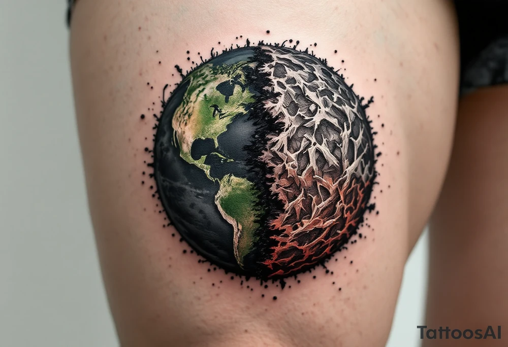 A split Earth showing one half green and healthy, the other half in red and brown decay, makes a powerful thigh piece. tattoo idea
