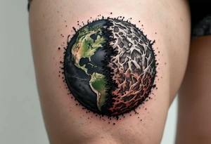 A split Earth showing one half green and healthy, the other half in red and brown decay, makes a powerful thigh piece. tattoo idea