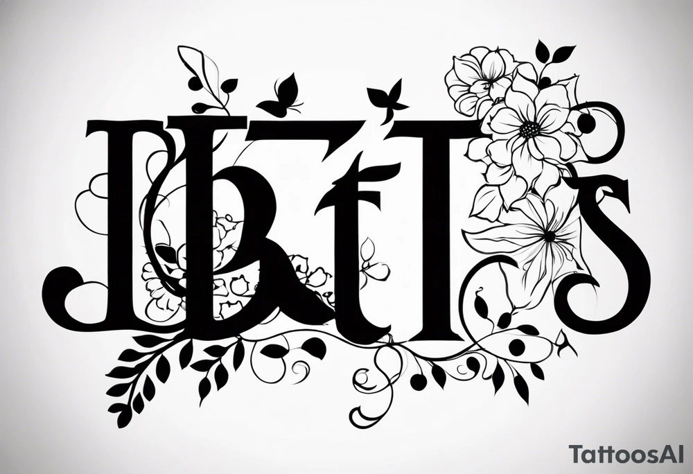 The letters "BTTS" written in a flower stem tattoo idea