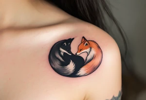 A black and white yin-yang formed by curled foxes on both partners shoulder blade. tattoo idea