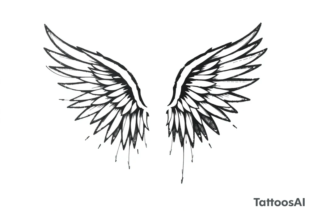 the wings go up

This tattoo design features a pair symmetrical angel wings drawn in black ink with a rough, sketch-like style. The left wing is darker, more defined, and appears denser, while the right wing is lighter, more delicate, and fragmented, creating a contrast between the two. The feathers are sharp and irregular, with fine lines and stray strokes extending outward, adding a raw and artistic feel. The overall look is dynamic and slightly chaotic, giving the impression of movement or an unfinished, ethereal form. This design symbolizes duality, freedom, transformation, or even struggle, making it a meaningful and visually striking tattoo. tattoo idea