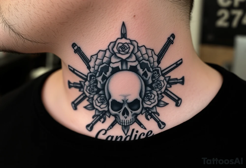 Throat piece hustler bouquet work skulls guns and the name Candice tattoo idea