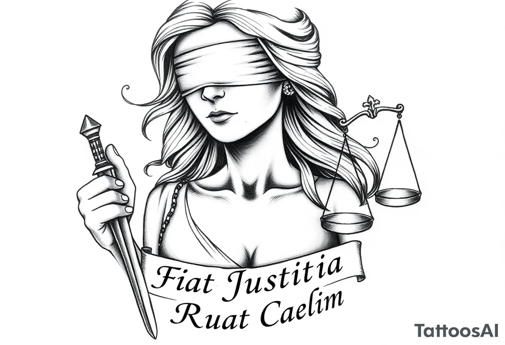 A striking black and grey tattoo design of a regal, blindfolded woman, symbolizing justice. She has an air of strength and wisdom, with flowing hair and a serene yet powerful expression. One breast must be exposed, representing vulnerability and truth. She holds a sword in one hand, symbolizing enforcement of justice, and a set of scales in the other, signifying balance. The Latin phrase ‘Fiat Justitia Ruat Caelum’ is elegantly inscribed in a classical, Roman-inspired font, either flowing beneath her or wrapping around the design. The overall style is a fusion of realism and fine-line tattoo artistry, with intricate shading and dramatic contrasts to give depth and texture. make it to fit the upper right arm and ensure the nipple is exposed to represent vulnerability tattoo idea