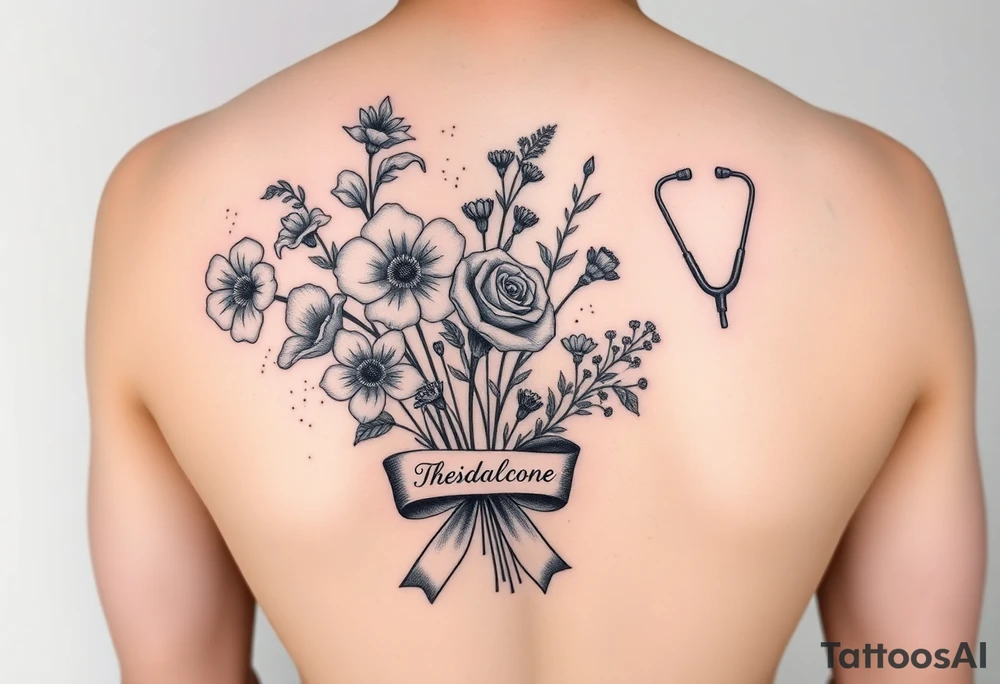 Half arm sleeve tattoo of 3 hollyhock flowers, one wild rose, 5 wild flowers in a bouquet with ribbon bow towards the bottom like the just got picked. On the ribbon include three names: June Etta, Roxy, Rosalie. Next the bouquet put a full realistic stethoscope tattoo idea