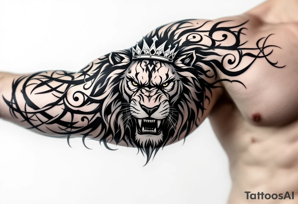 Realistic angriest lion with whole body with crown and "VERONESI" name add on it tattoo idea