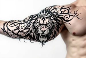 Realistic angriest lion with whole body with crown and "VERONESI" name add on it tattoo idea