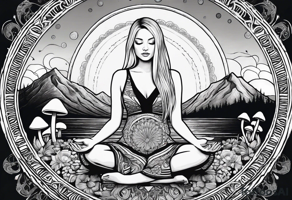 Straight blonde hair girl meditating facing away toward mountains surrounded by mushrooms crescent moon mandala circular design black and white striped dress tattoo idea
