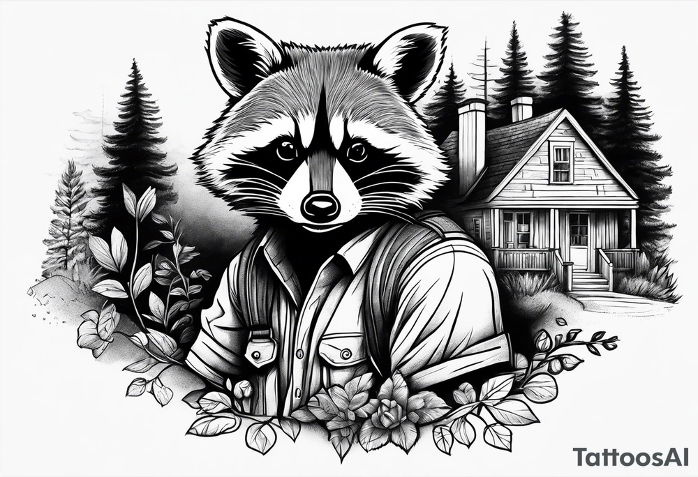 Hard working Raccoon Husband
Raccoon wife and Child in the Back
Background House and woods tattoo idea