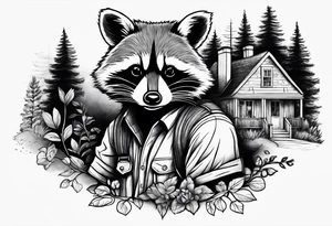 Hard working Raccoon Husband
Raccoon wife and Child in the Back 
Background House and woods tattoo idea