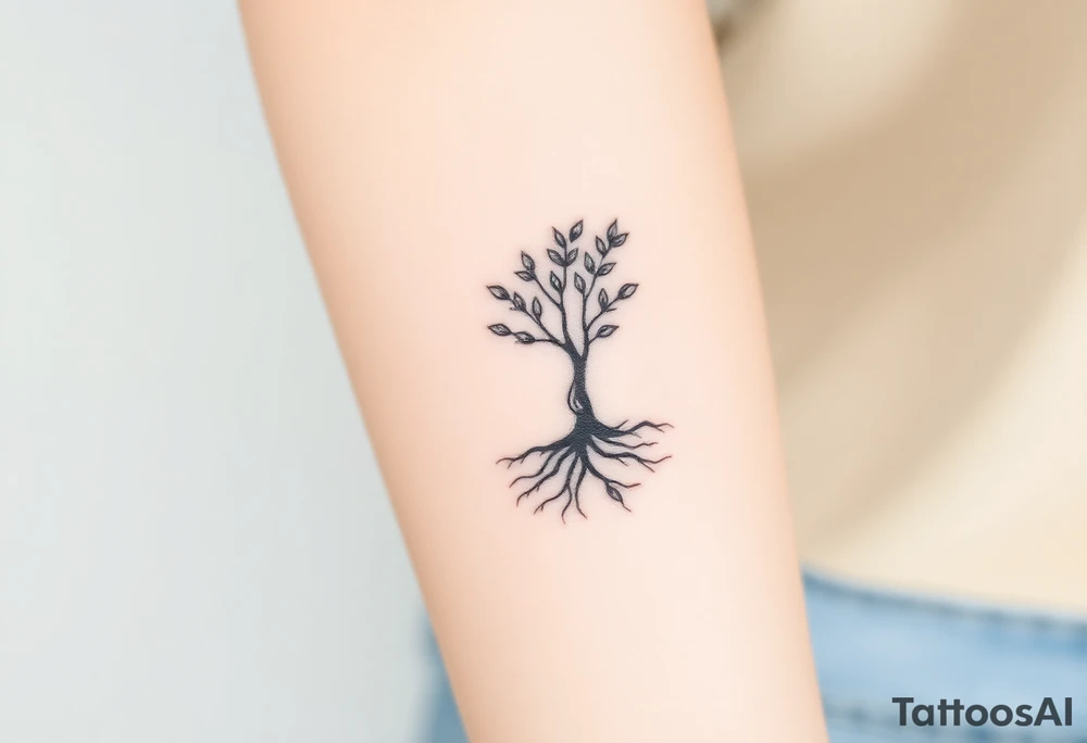 A tree with few leaves, with an outward spiral line (moving to the right), as its roots, encircling the entire tree tattoo idea