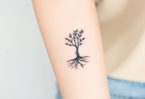 A tree with few leaves, with an outward spiral line (moving to the right), as its roots, encircling the entire tree tattoo idea