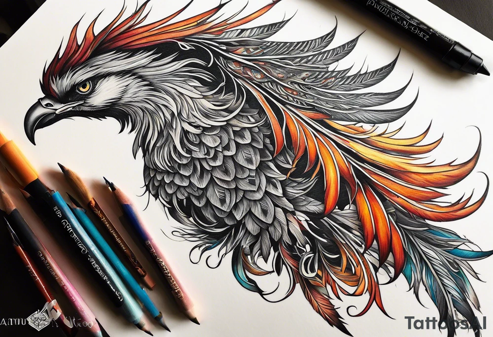 Surreal Tattoo: A powerful, majestic phoenix, depicted mid-flight or rising, with wings extended and feathers flowing. Deep shading and intricate details to bring out the texture and motion of the feathers. Style: Surrealism. tattoo idea
