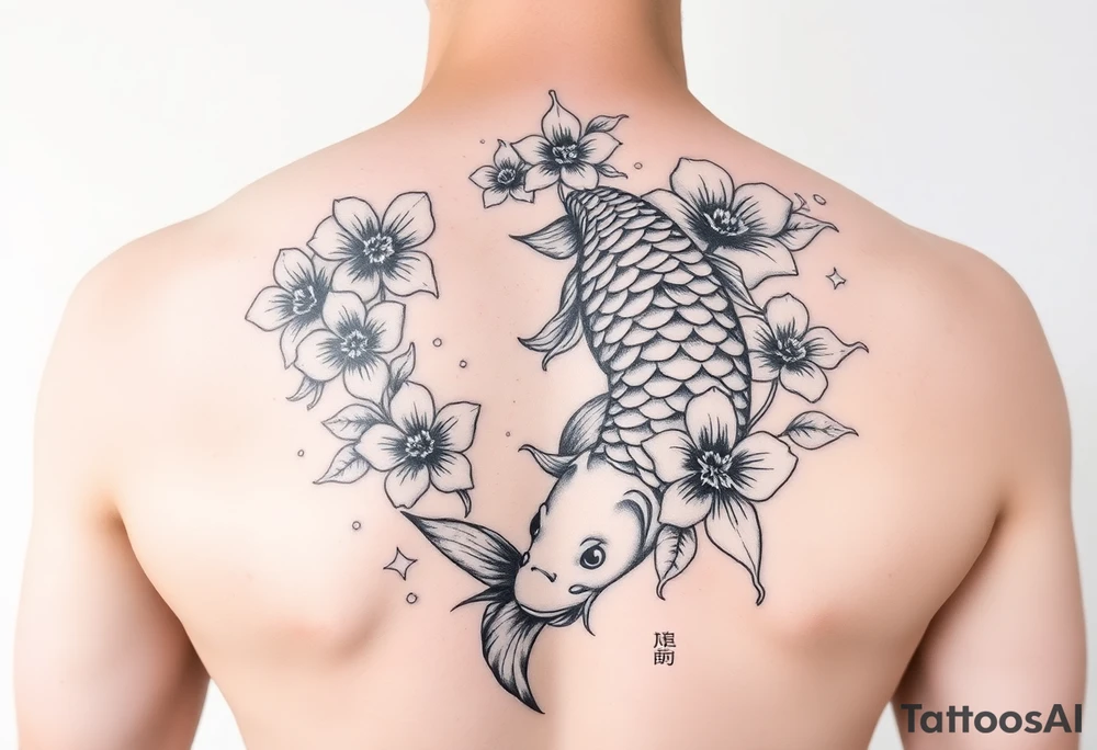 2004 Romain with big koi fish and Japanese blossoms tattoo idea