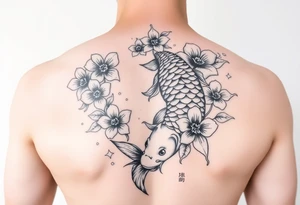 2004 Romain with big koi fish and Japanese blossoms tattoo idea