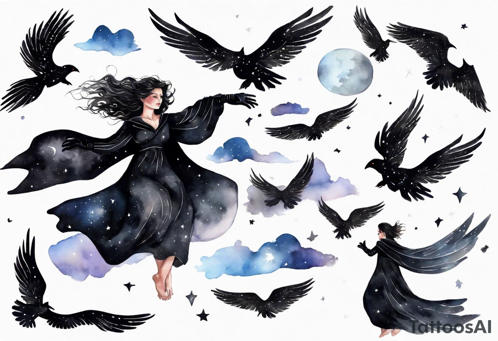 a beautiful 45 year old woman flying in the night sky with black wings, wearing a black cloak and gloves, bare feet tattoo idea