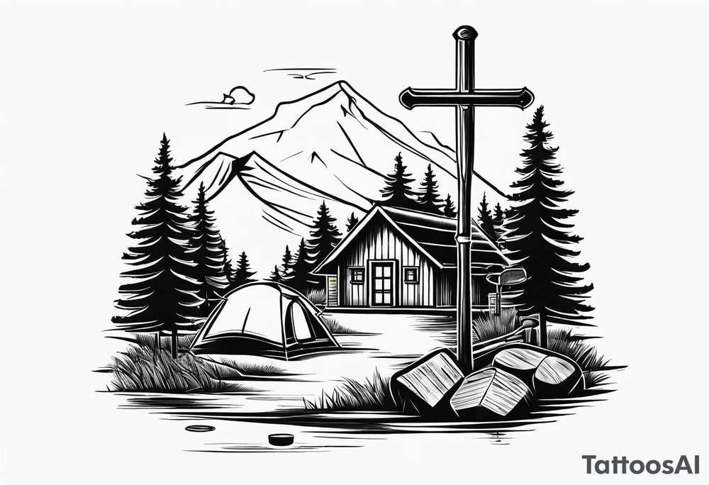 cross with whiskey glass, golf club, camp fire and cabin in the quandrants tattoo idea