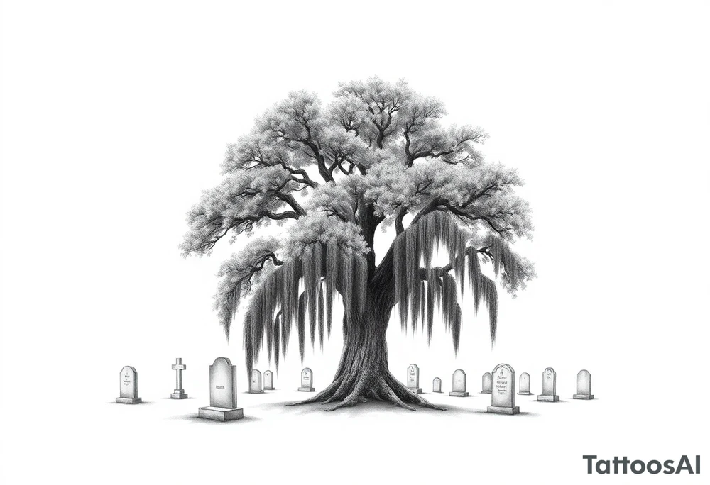 Laurel oak with Spanish moss in a cemetery tattoo idea