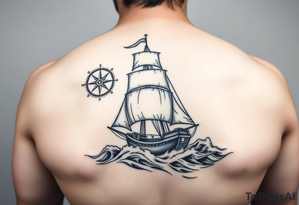 a sailing ship in stormy sea,compass. tattoo idea