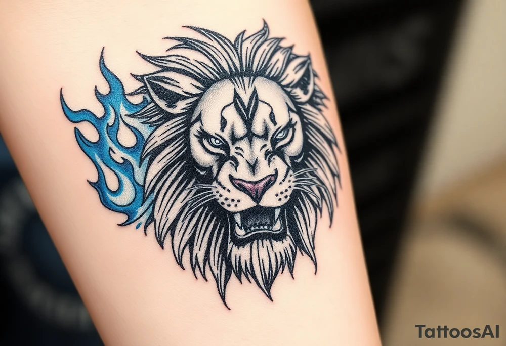 Powerful, fierce stoic lions head, whose mane turns into blue flames that swirl up my arm with blue embers tattoo idea