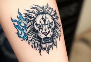 Powerful, fierce stoic lions head, whose mane turns into blue flames that swirl up my arm with blue embers tattoo idea