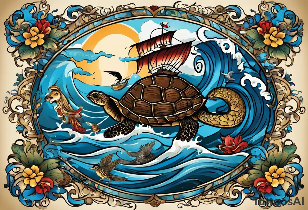 the tatto will be large in the middle there are sea horses pulling a chariot. on the upper right is a blue nose and a rock sourrounded by water, on the upper left is a turtle with a golden shell and on the bottom is a ribbon with a sparrow on each side holding it up tattoo idea