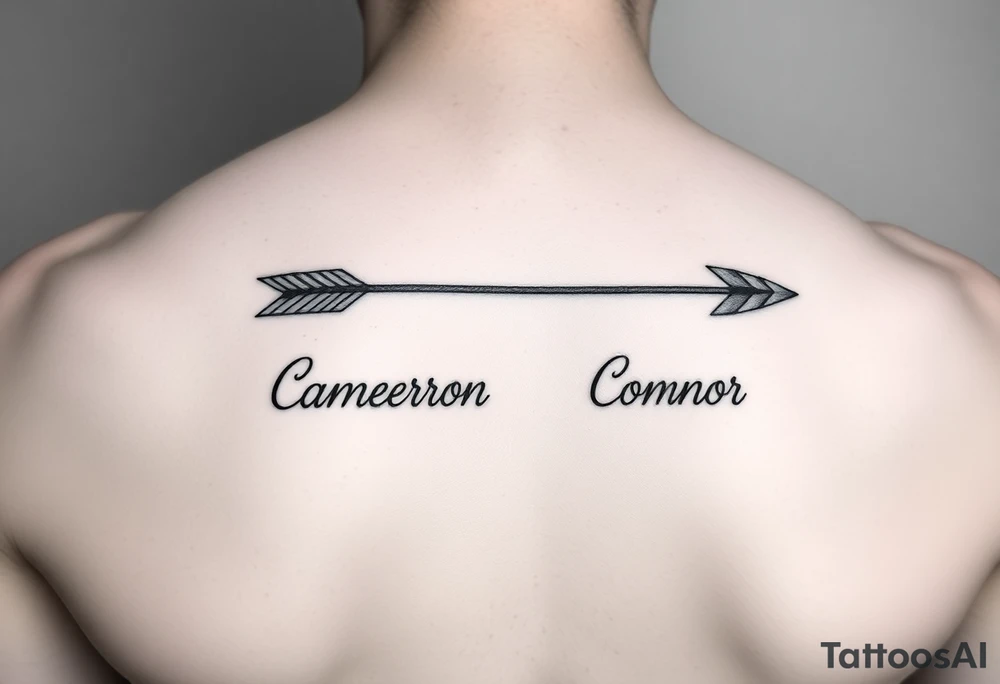 two feminine fine line bow arrows one with the name Cameron and the other with the name Connor tattoo idea