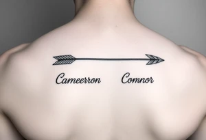 two feminine fine line bow arrows one with the name Cameron and the other with the name Connor tattoo idea