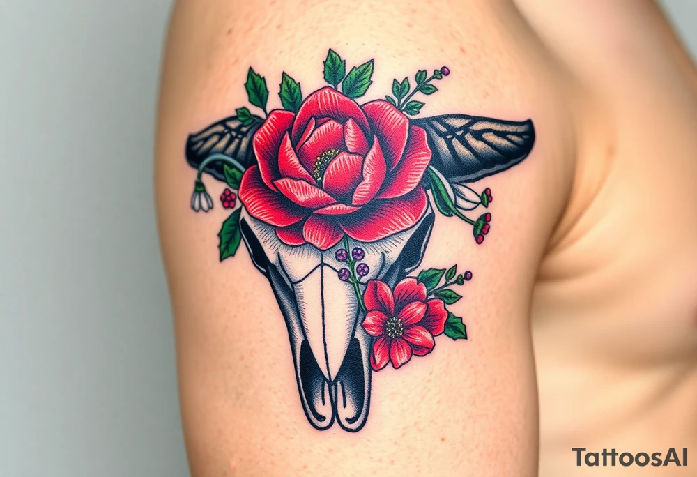 Buffalo or bison skull with flowers. Red Peony, snowdrop, green holly with red berries, purple larkspur,  red peony. Colour. For upper arm or shoulder. Masculin. tattoo idea