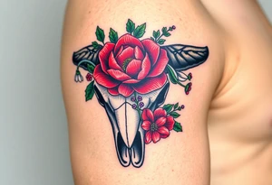 Buffalo or bison skull with flowers. Red Peony, snowdrop, green holly with red berries, purple larkspur,  red peony. Colour. For upper arm or shoulder. Masculin. tattoo idea