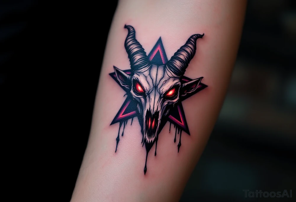 A demonic goat skull with glowing red eyes, placen on to a dark purple pentagram - five pointed star, dripping with shadows. tattoo idea