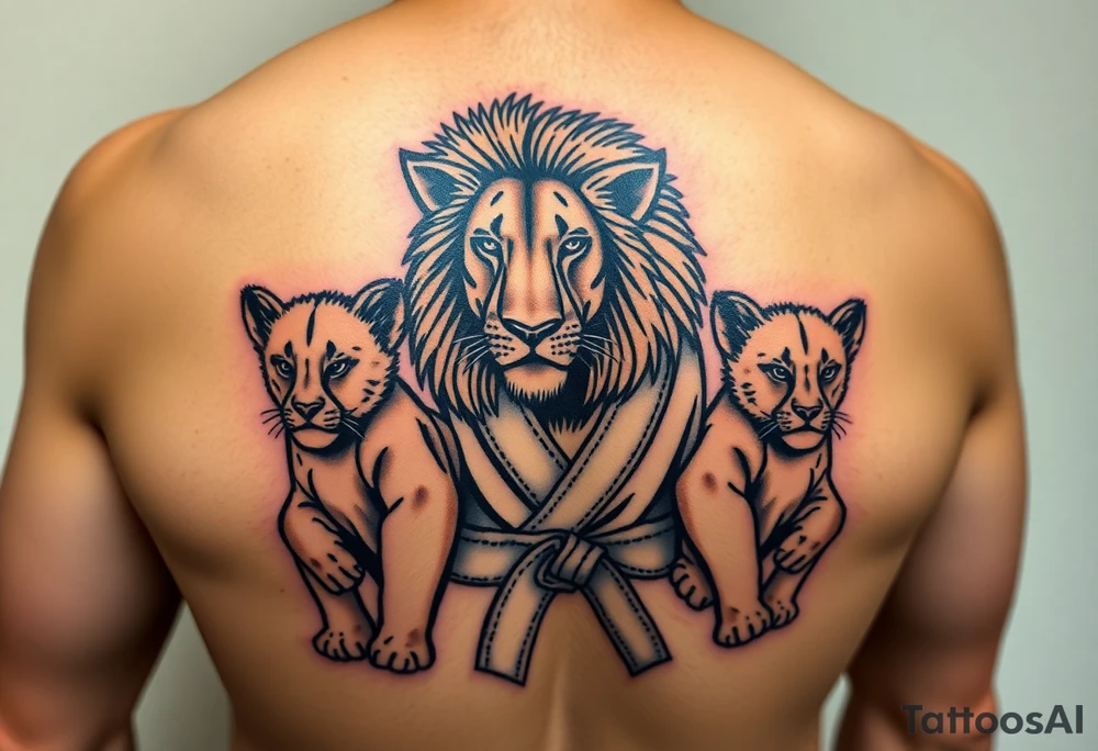 Lion wearing a Brazilian jiu jitsu gi as a person would along side his two cubs who are wearing the jiu jitsu gi as well. The surrounding area is africa tattoo idea