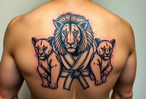 Lion wearing a Brazilian jiu jitsu gi as a person would along side his two cubs who are wearing the jiu jitsu gi as well. The surrounding area is africa tattoo idea