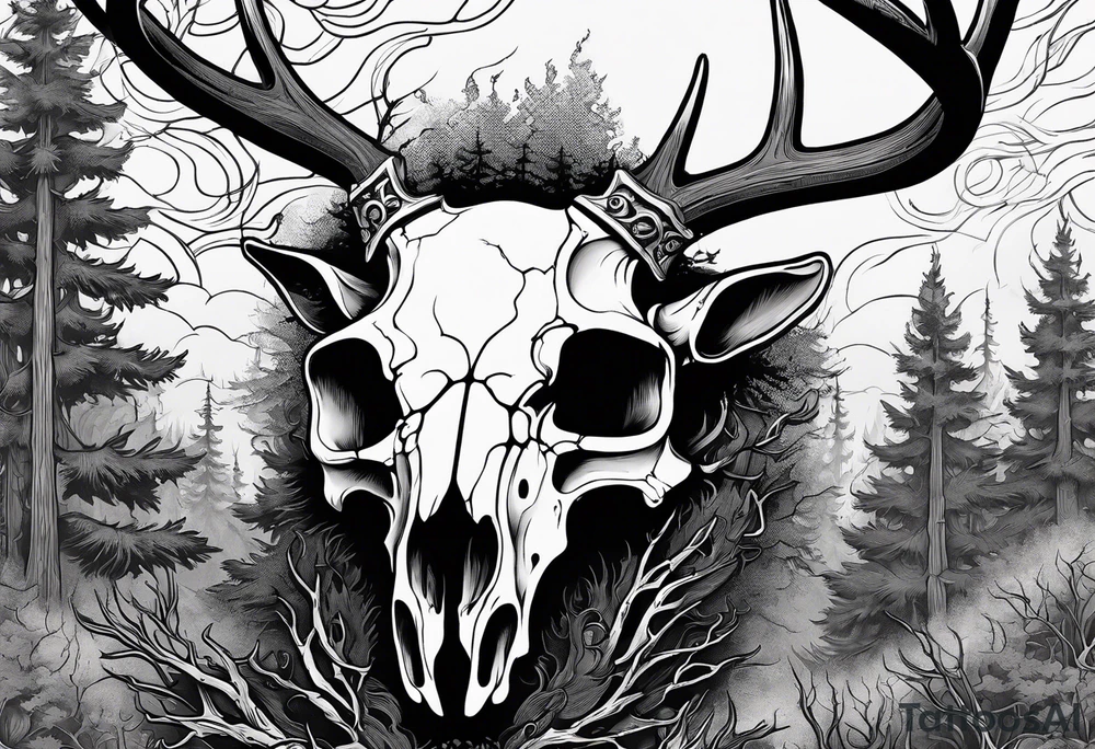 A side view of a decayed deer skull JUST BONE surrounded by trees and fire in background tattoo idea