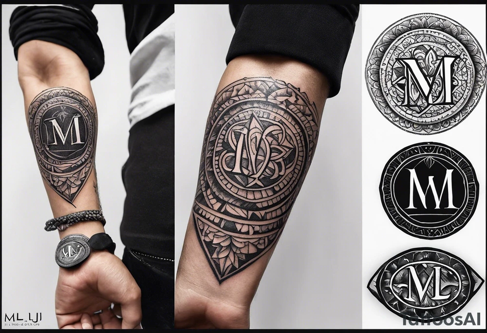 small tattoo on the forearm of a man with the initials MLJ, date of birth 22/09/22 in the style of a moluccan tattoo tattoo idea