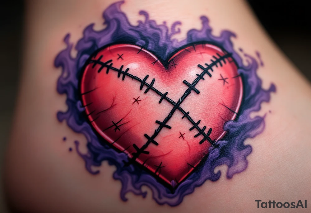 A stitched-up voodoo heart with black X-shaped stitches, surrounded by deep violet and gray smoke. tattoo idea