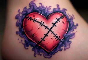 A stitched-up voodoo heart with black X-shaped stitches, surrounded by deep violet and gray smoke. tattoo idea