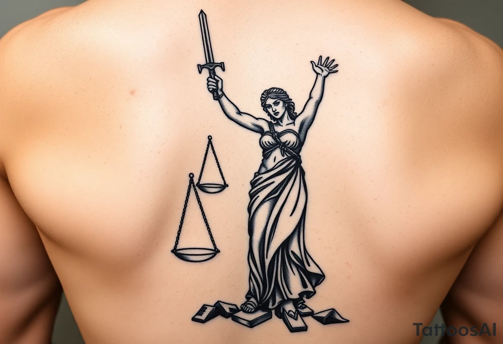 angry lady justice sword held high, broken scales under foot, sunlight shining on the darkness of injustice and corruption. ready to fight against the corruption of the system tattoo idea