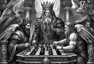 Illustrate a powerful scene where the angelic king checkmates the demonic king, symbolizing the triumph of good over evil in the strategic game of life. tattoo idea