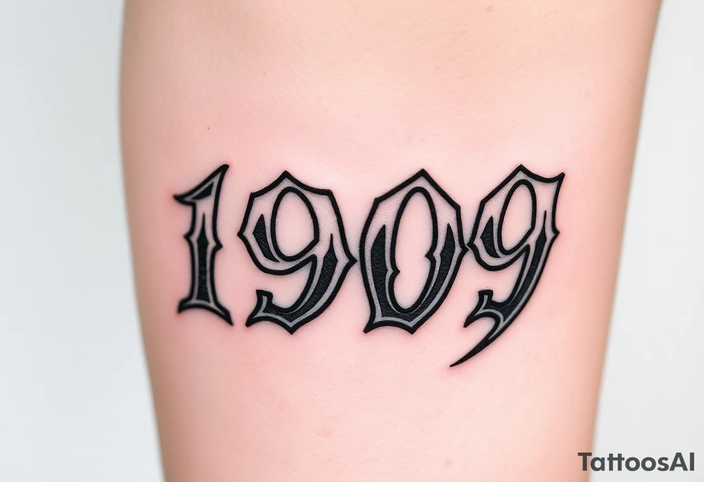 The number 1909 with an aggressive font on the back of a calf tattoo idea