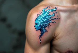 A surreal figure of Aquarius formed by merging water and electricity, crackling with blue and white lightning. tattoo idea