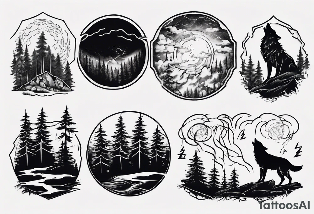 a thunder and lightning storm over a forest with a distant wolf howling and a drum circle tattoo idea a thunder and lightning storm over a forest with a distant wolf howling and a drum circle tattoo idea