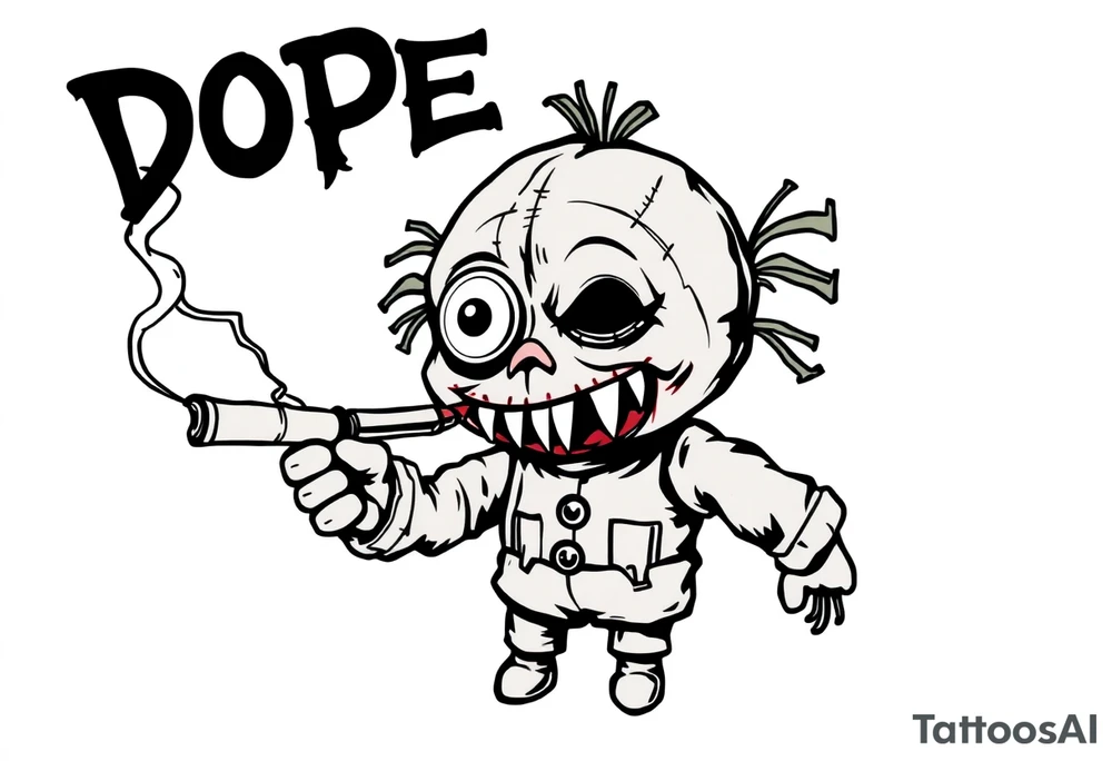 Stitched up rag doll with a button as one eye and some thread as the other. Scary. Warn down. Razor like shark teeth with blood dripping. Holding some money in one hand and a cigar in the other hand. Smoke pouring off the cigar with the cloud of smoke above spelling out the word DOPE tattoo idea