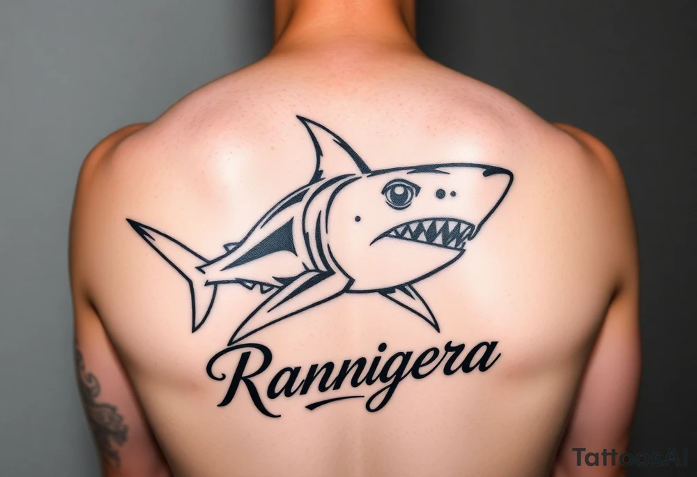 tribal hammer head shark with Rangiroa text on the back tattoo idea