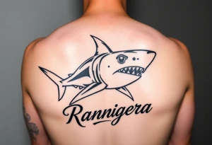 tribal hammer head shark with Rangiroa text on the back tattoo idea