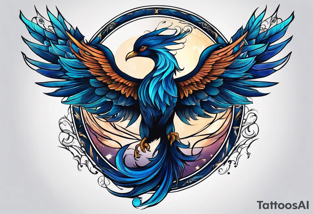phoenix sur une lune bleu tattoo idea